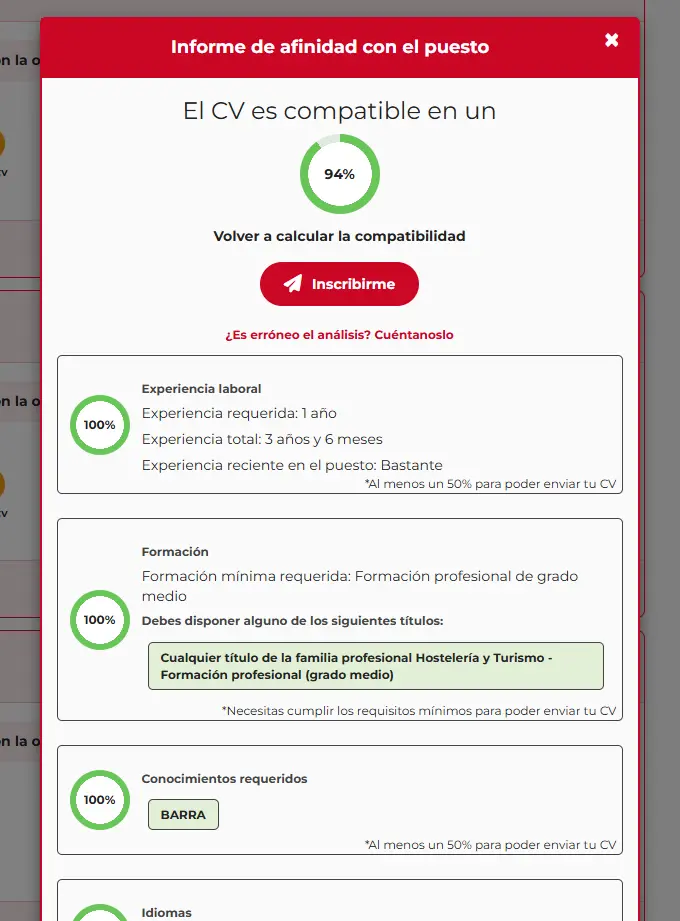 Compatibilidade CV-oferta — Feria de Empleo y Discapacidad Madrid