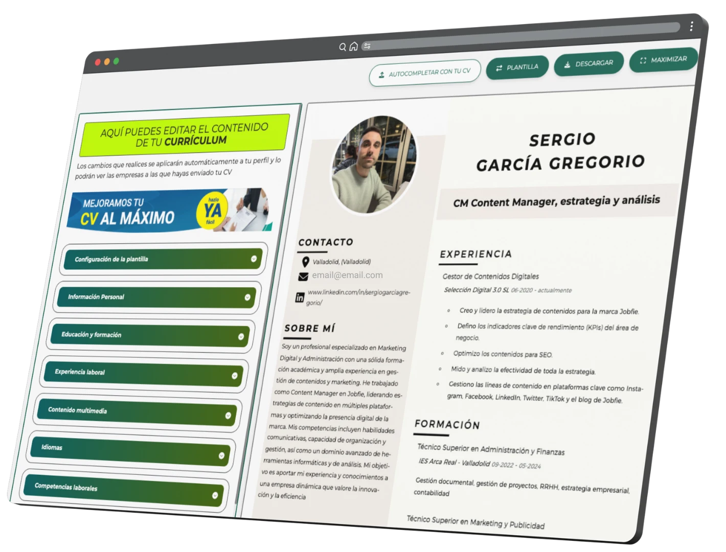 Interfaz del creador de CVs de Jobfie